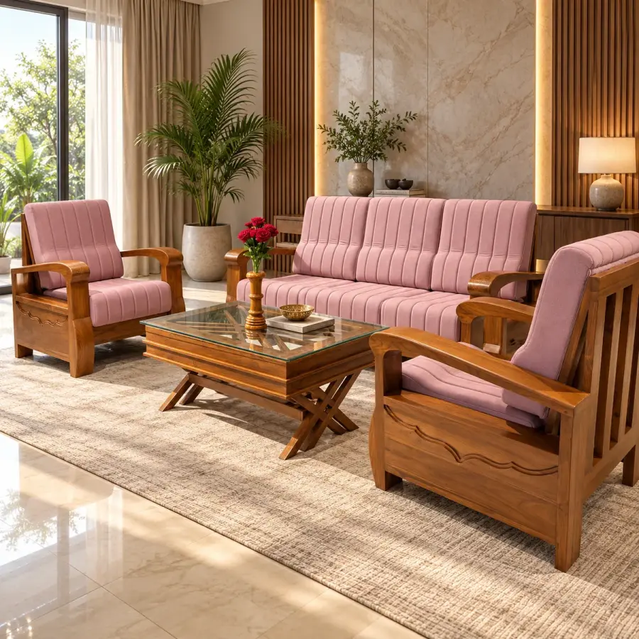 Blush Pink Sofa Set – solid teak, Teakwood Factory