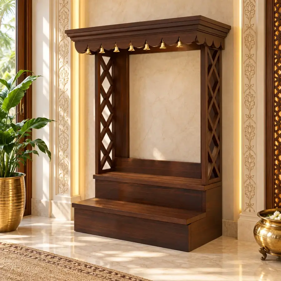 Brass Bell Open Mandir – solid teak, Teakwood Factory