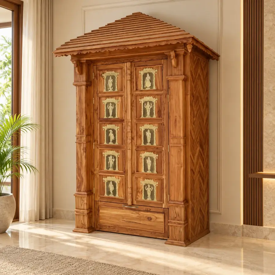 Brass Panel Temple Mandir – solid teak, Teakwood Factory