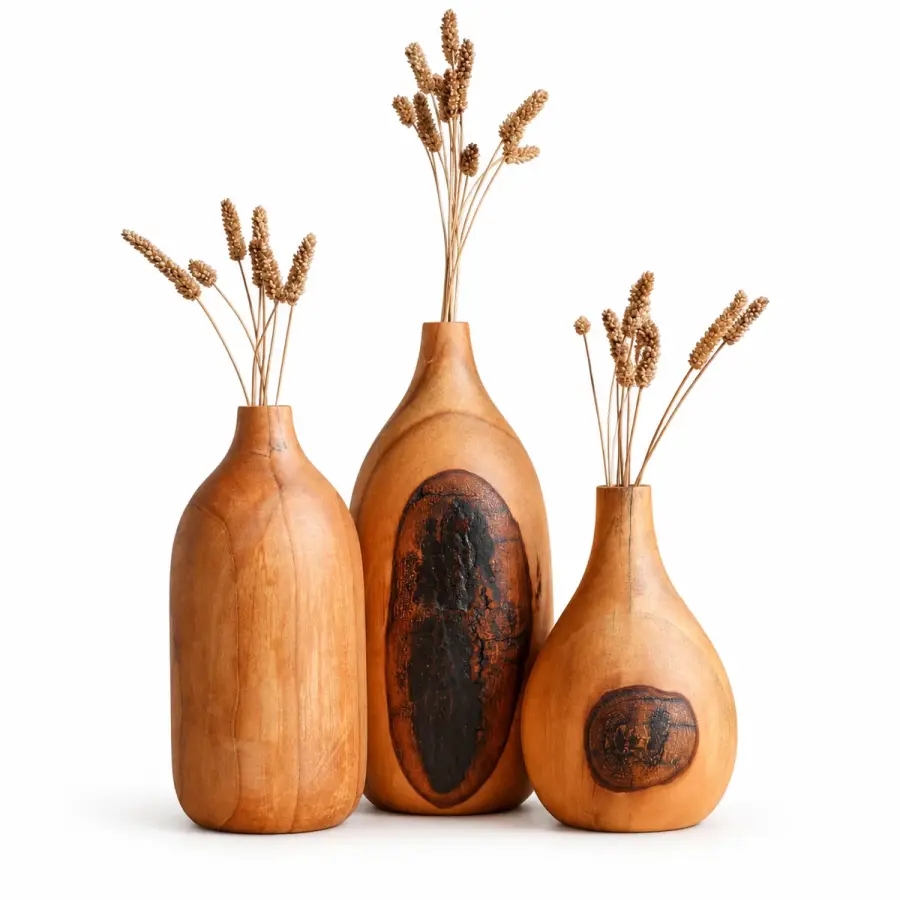 Burl-Inlay Vase Trio