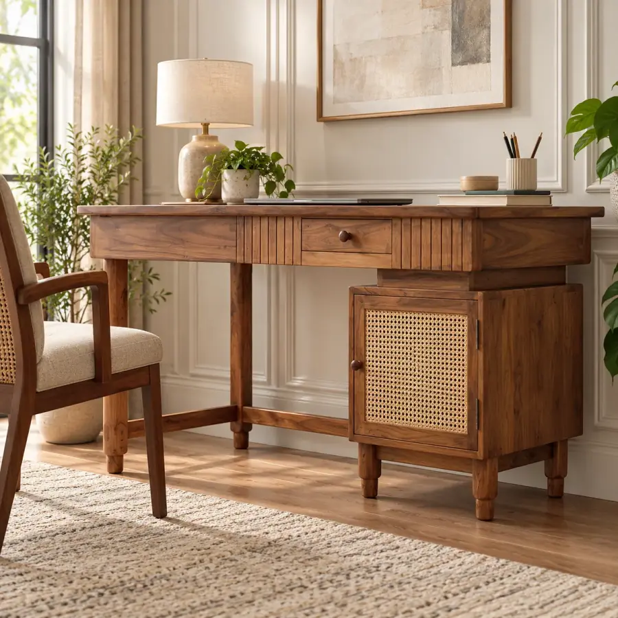Cane Cabinet Study Desk – solid teak, Teakwood Factory