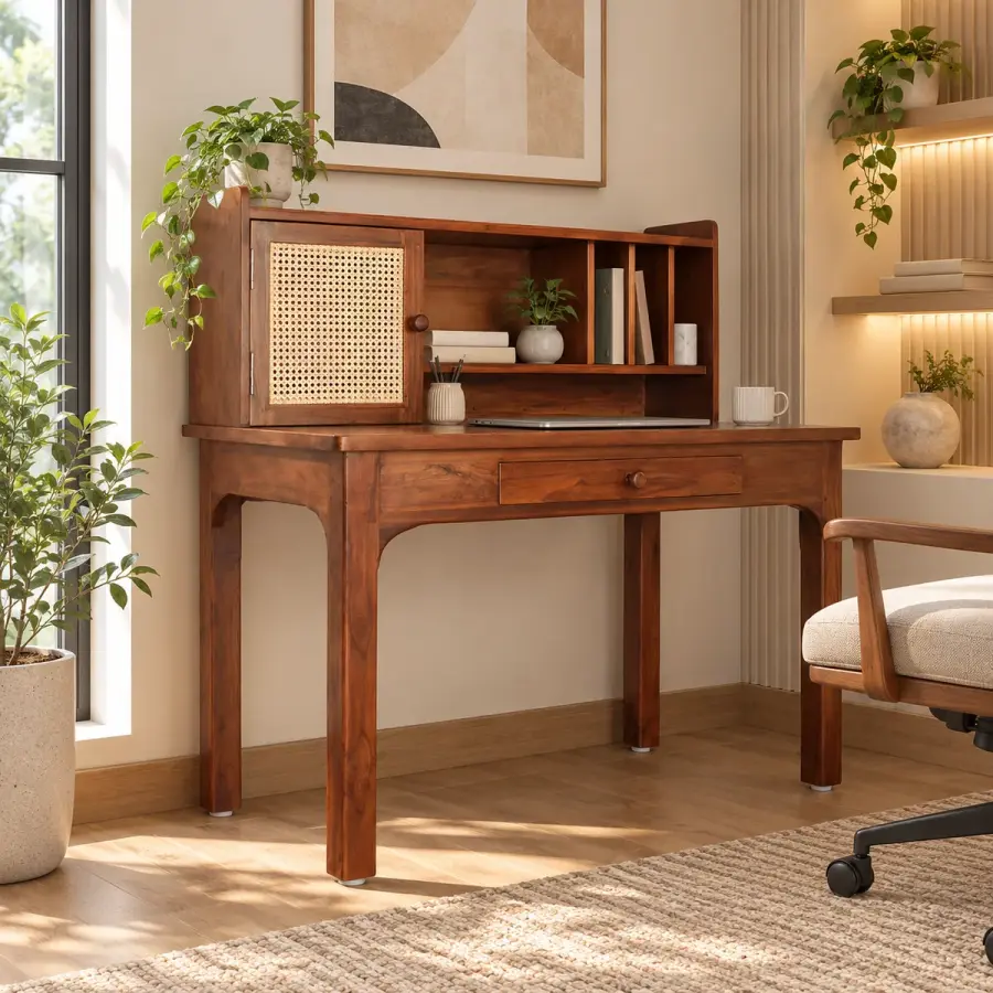 Cane Hutch Writing Desk – solid teak, Teakwood Factory