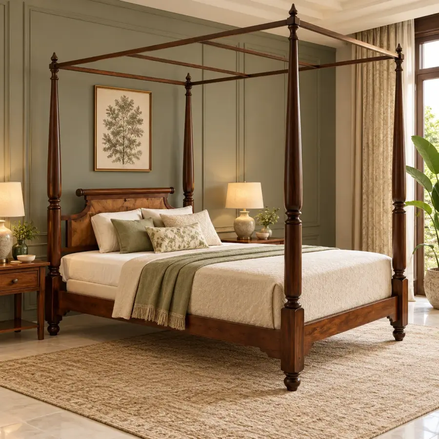 Cane-Panel Tall Poster Bed – solid teak, Teakwood Factory