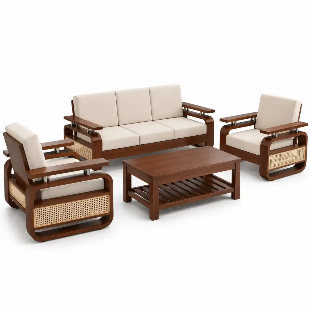 Cane-Side Ivory Sofa Set — photo 2
