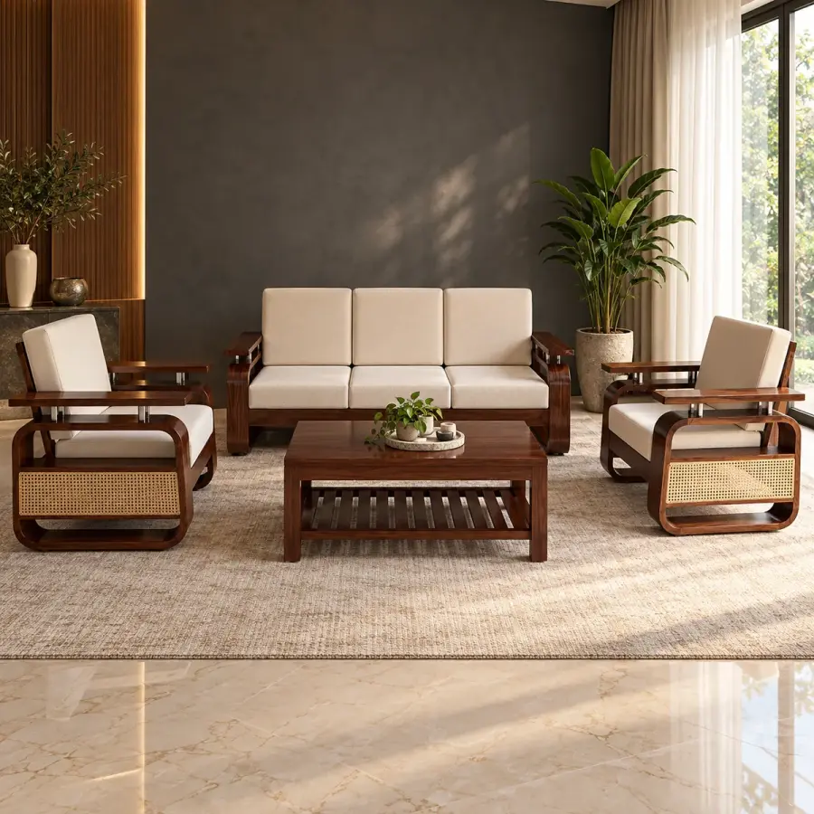 Cane-Side Ivory Sofa Set – solid teak, Teakwood Factory