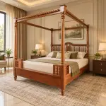 Carved Crest Canopy Bed – solid teak, Teakwood Factory
