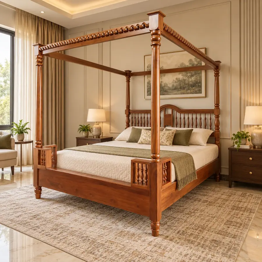 Carved Crest Canopy Bed – solid teak, Teakwood Factory