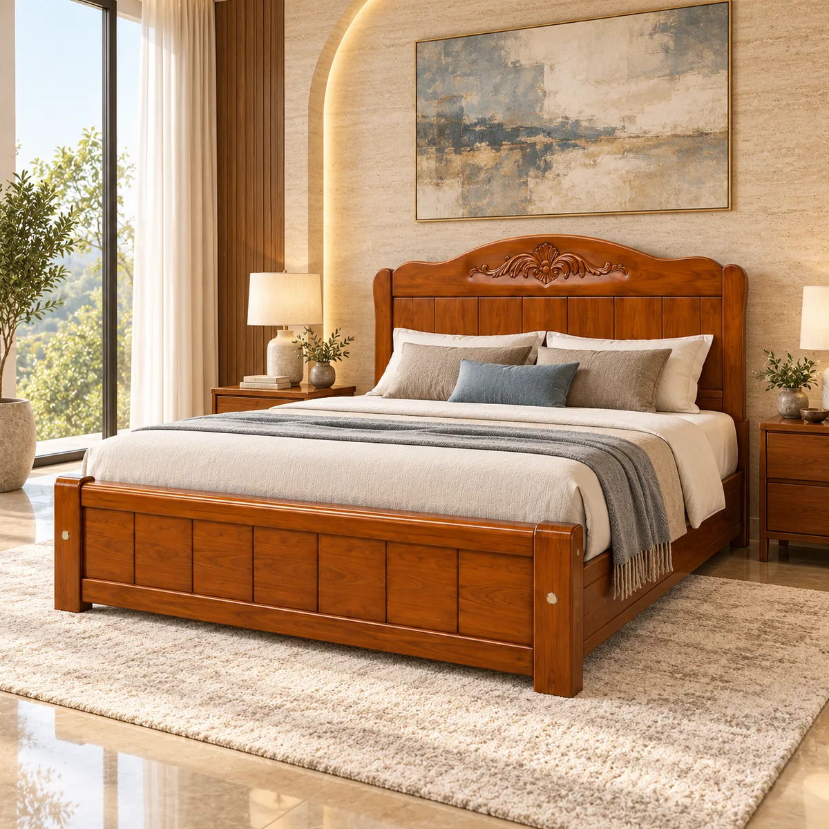 A bedroom furnished in Nilambur teak