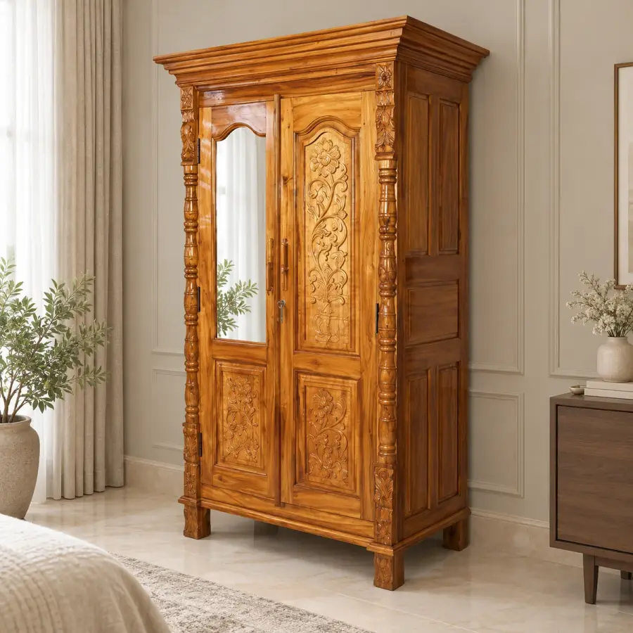 Carved Mirror Almirah – solid teak, Teakwood Factory