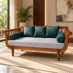 Carved Teal Diwan Sofa – solid teak, Teakwood Factory