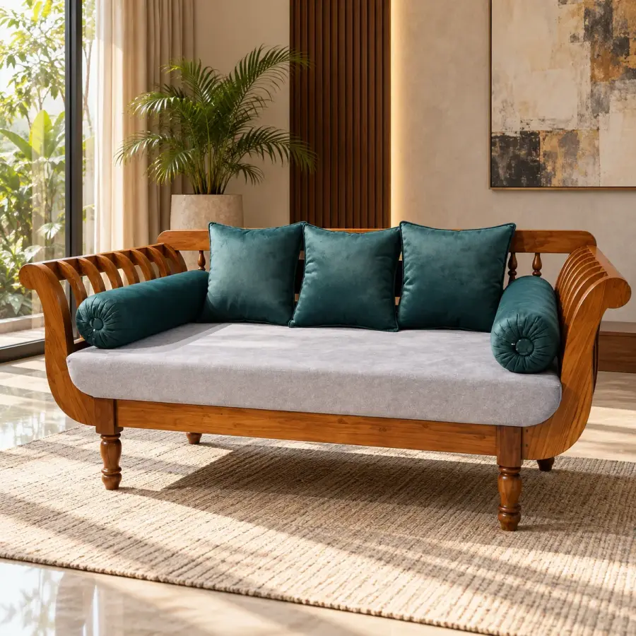 Carved Teal Diwan Sofa – solid teak, Teakwood Factory