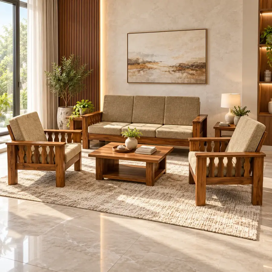 Classic Slat-Arm Sofa Set – solid teak, Teakwood Factory