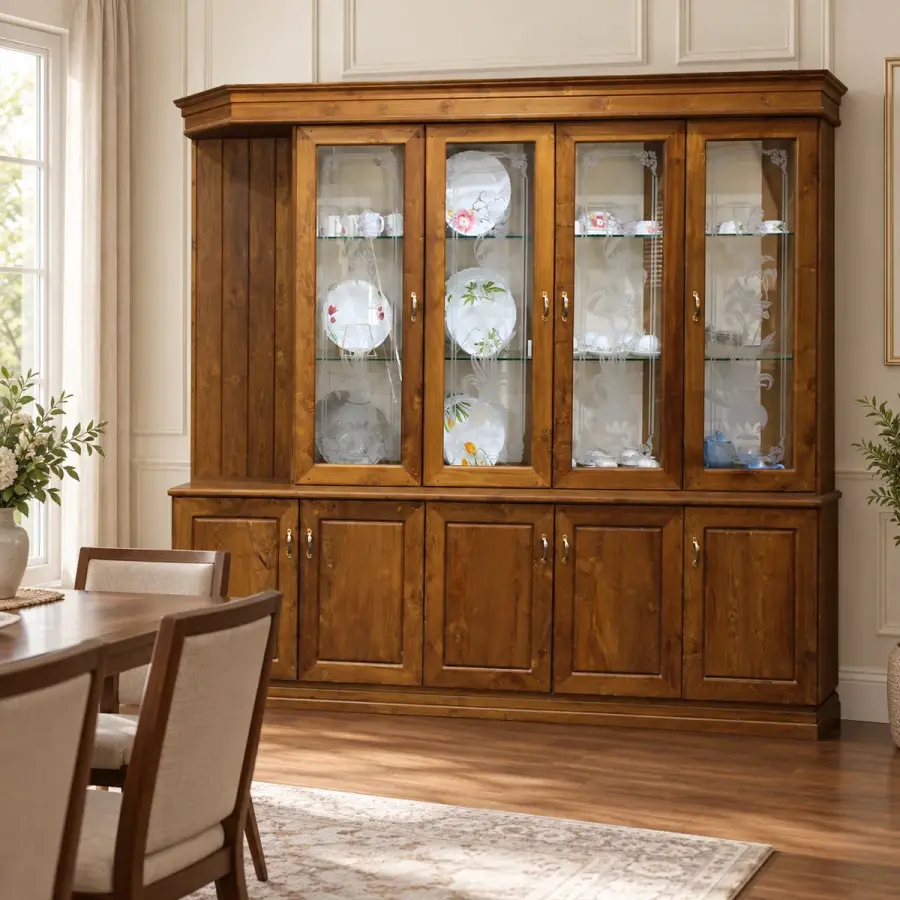 Four-Door Glass Crockery Unit – solid teak, Teakwood Factory