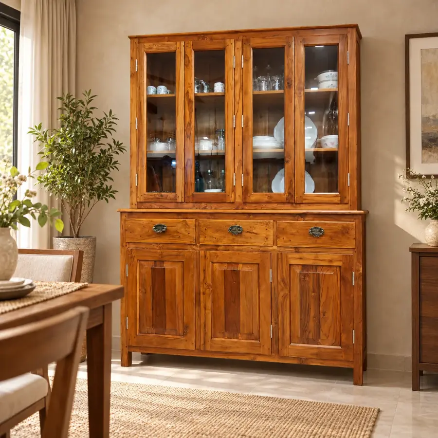 Four-Door Glass Hutch – solid teak, Teakwood Factory