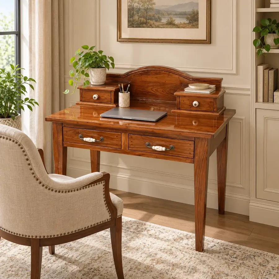 Gallery Top Writing Desk – solid teak, Teakwood Factory