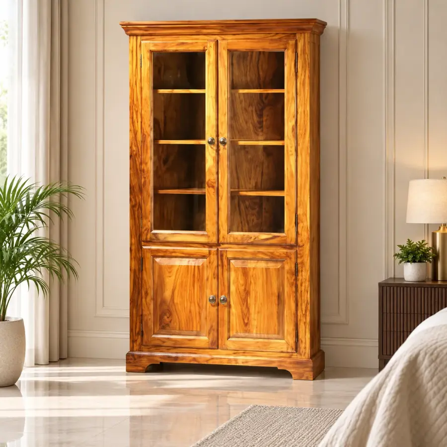 Glass-Top Panel Almirah – solid teak, Teakwood Factory