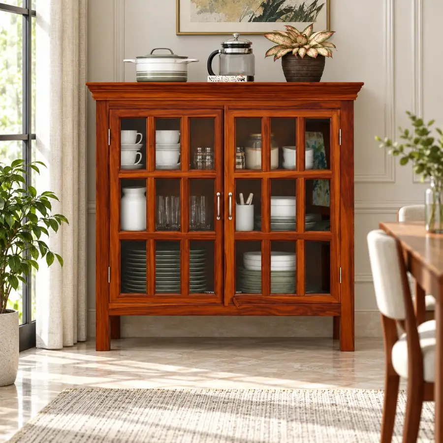 Grid Glass Crockery Cabinet – solid teak, Teakwood Factory