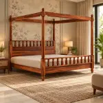 Honey Spindle Canopy Bed – solid teak, Teakwood Factory