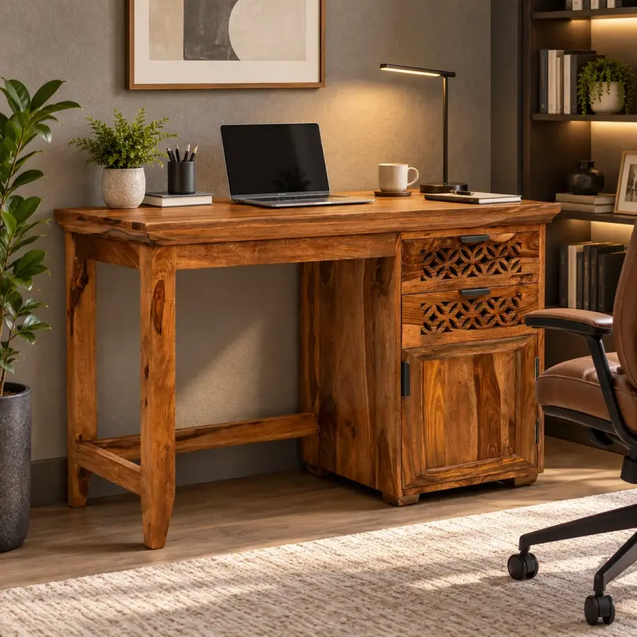 Jaali Pedestal Study Desk – solid teak, Teakwood Factory