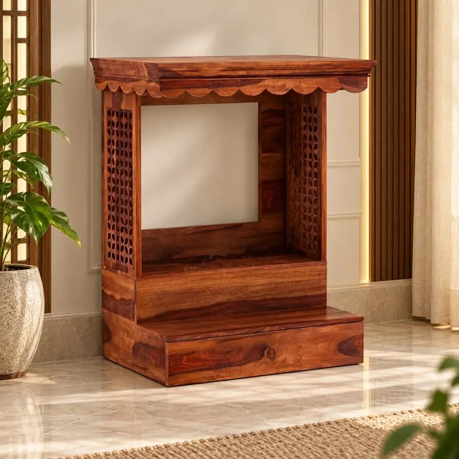 Jaali Side Open Mandir – solid teak, Teakwood Factory