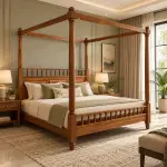 Kerala Spindle Canopy Bed – solid teak, Teakwood Factory