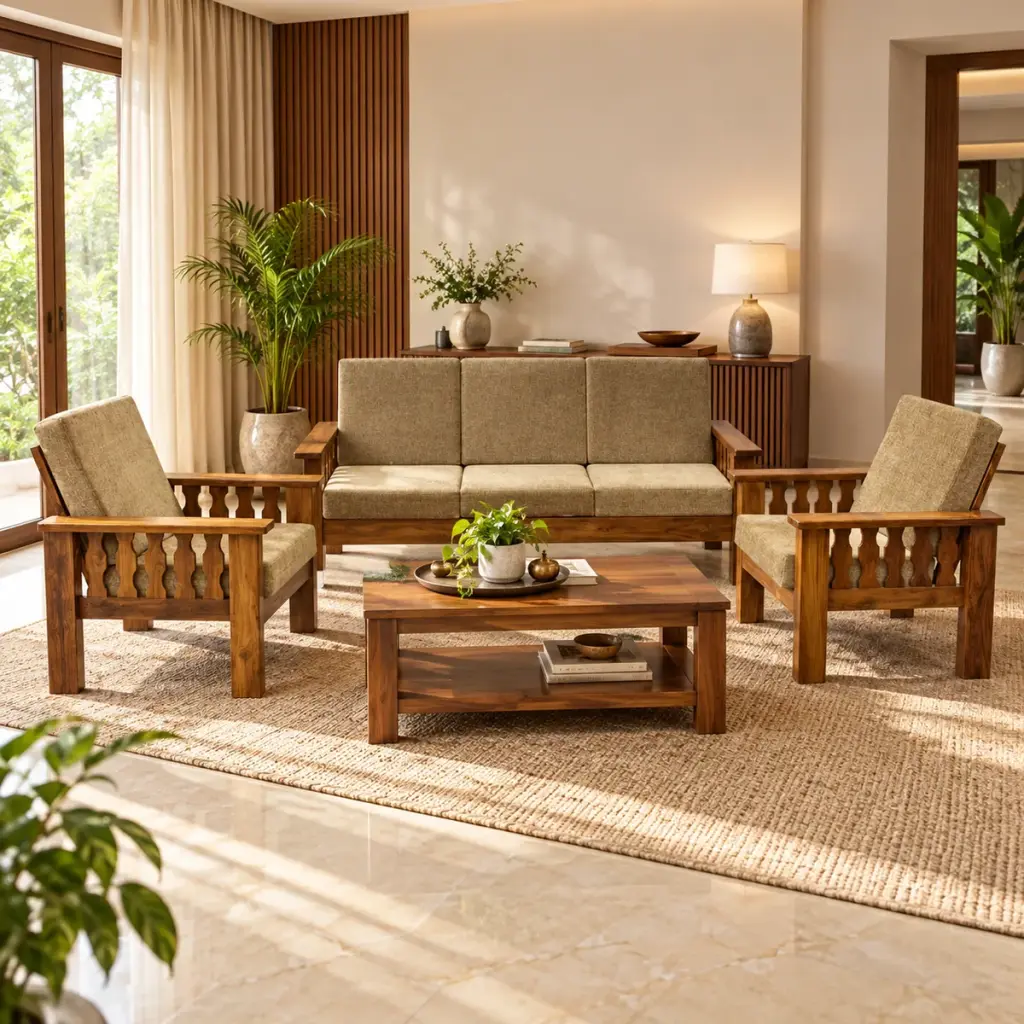 Lattice-Arm Olive Sofa Set — photo 3