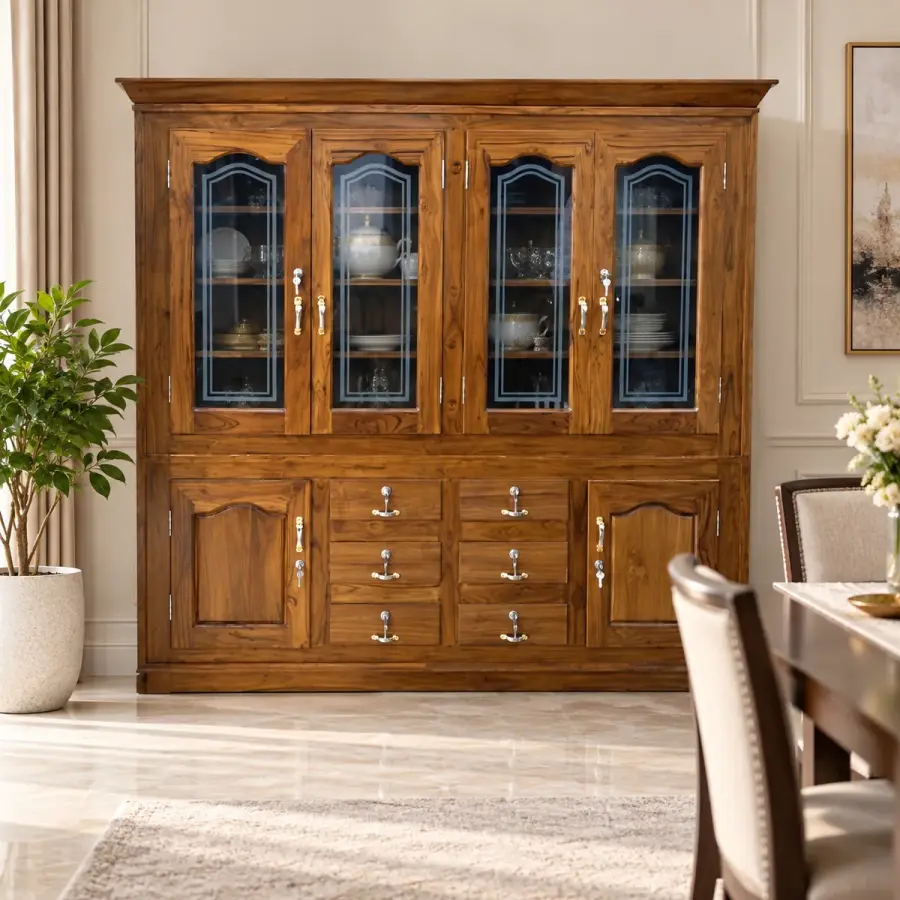 Leaded Glass Crockery Cabinet – solid teak, Teakwood Factory