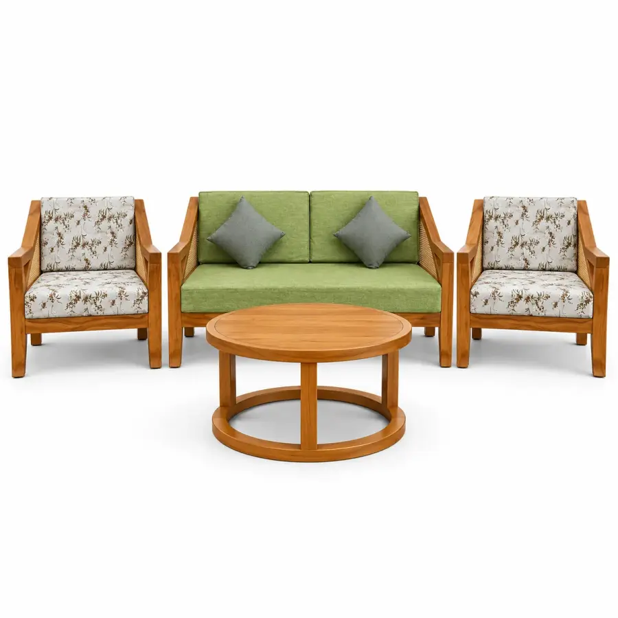 Leaf-Print Green Sofa Set