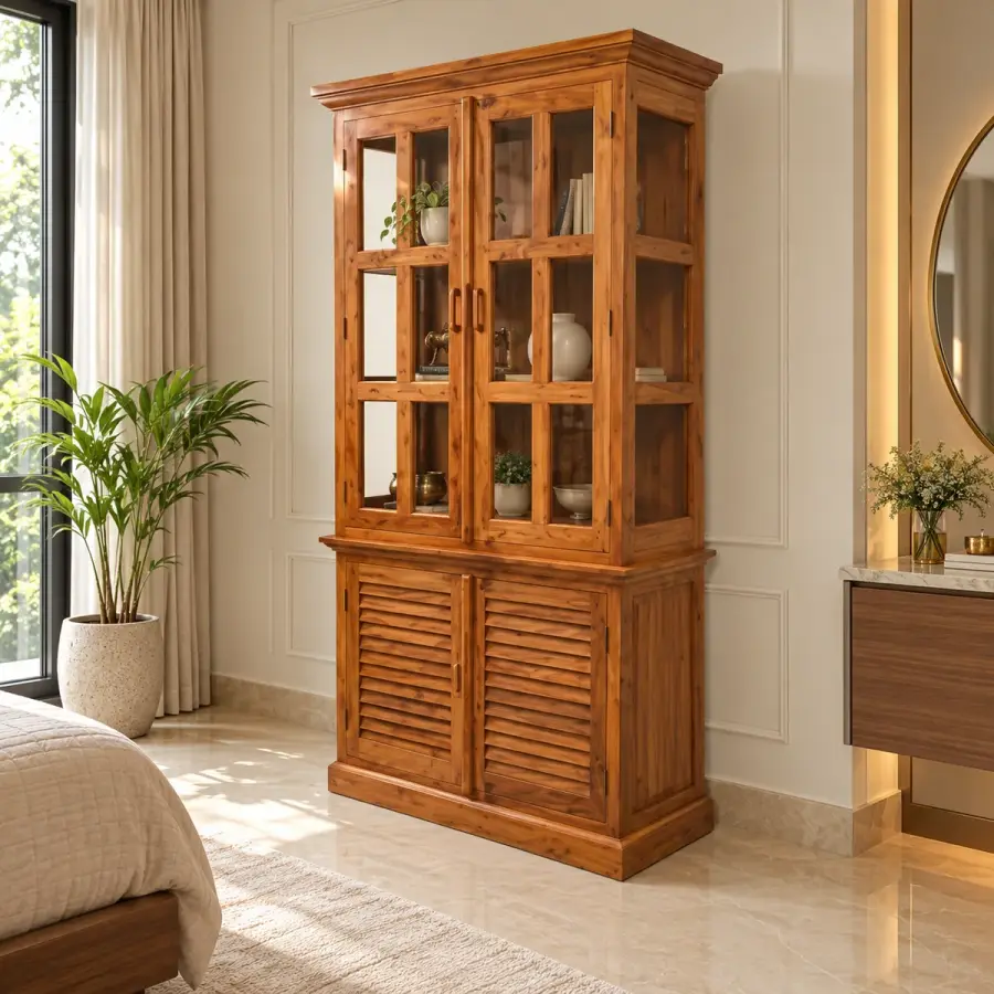 Louvre Base Glass Almirah – solid teak, Teakwood Factory