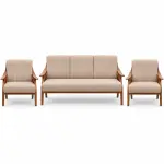 Mid-Century Taupe Sofa Set – solid teak, Teakwood Factory