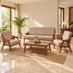 Mid-Century Taupe Sofa Set – solid teak, Teakwood Factory