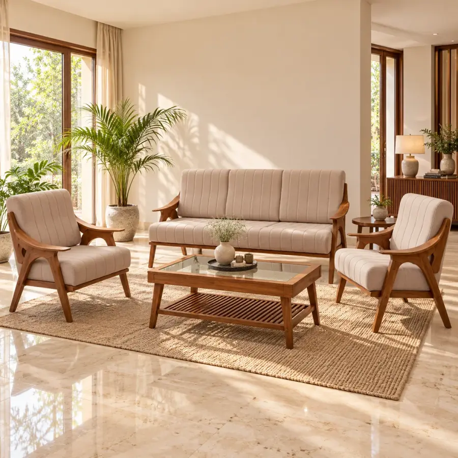 Mid-Century Taupe Sofa Set – solid teak, Teakwood Factory