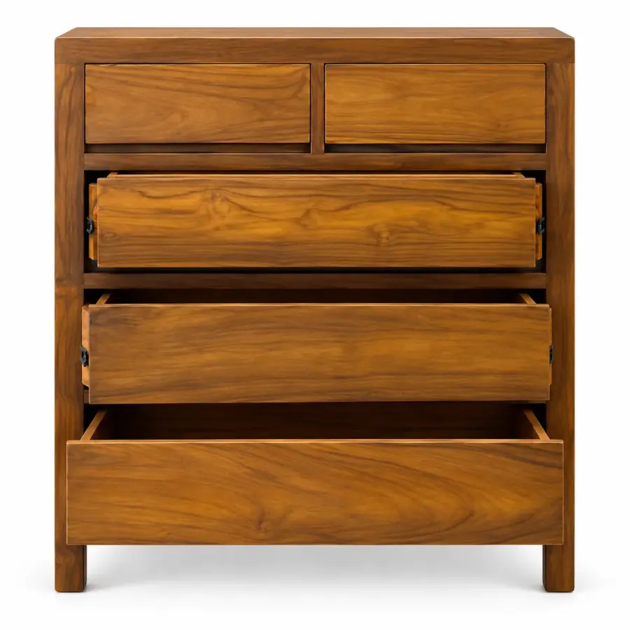 Natural Teak Five-Drawer Chest