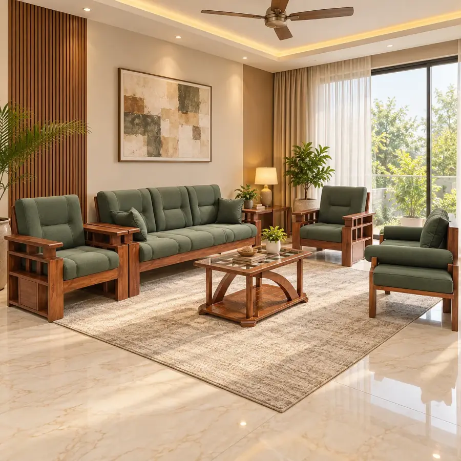Olive Green Sofa Set – solid teak, Teakwood Factory
