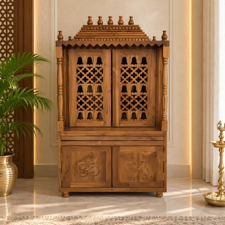 Om Carved Finial Mandir – solid teak, Teakwood Factory