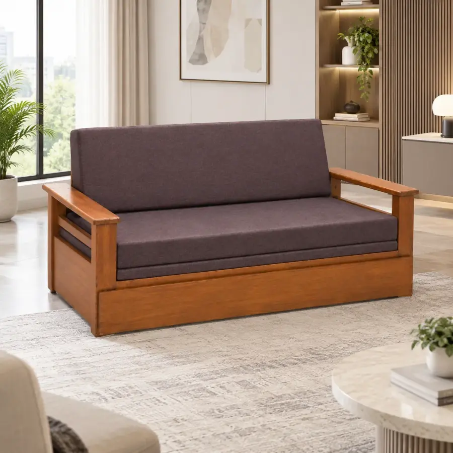 Plum Cushion Sofa Bed – solid teak, Teakwood Factory