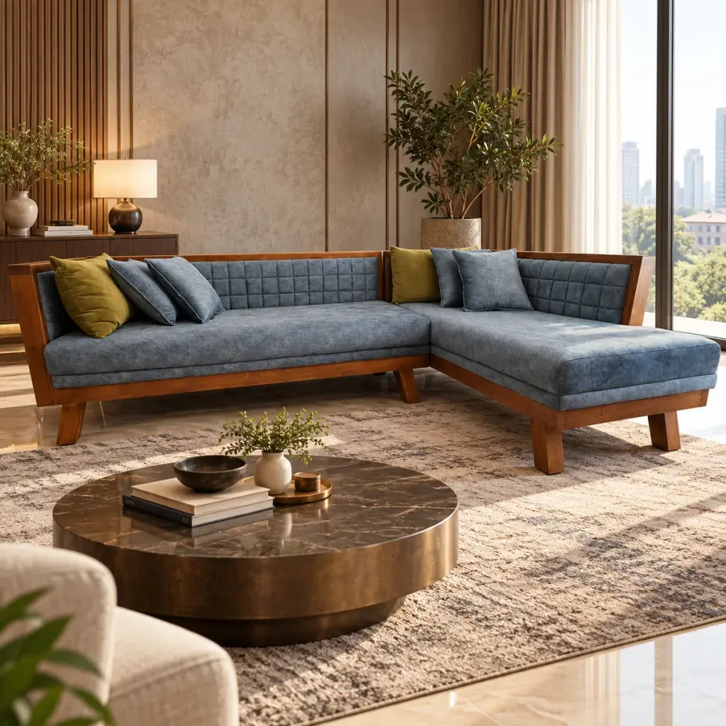 Quilted Denim Chaise Sofa — photo 3