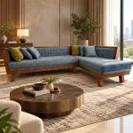 Quilted Denim Chaise Sofa – solid teak, Teakwood Factory
