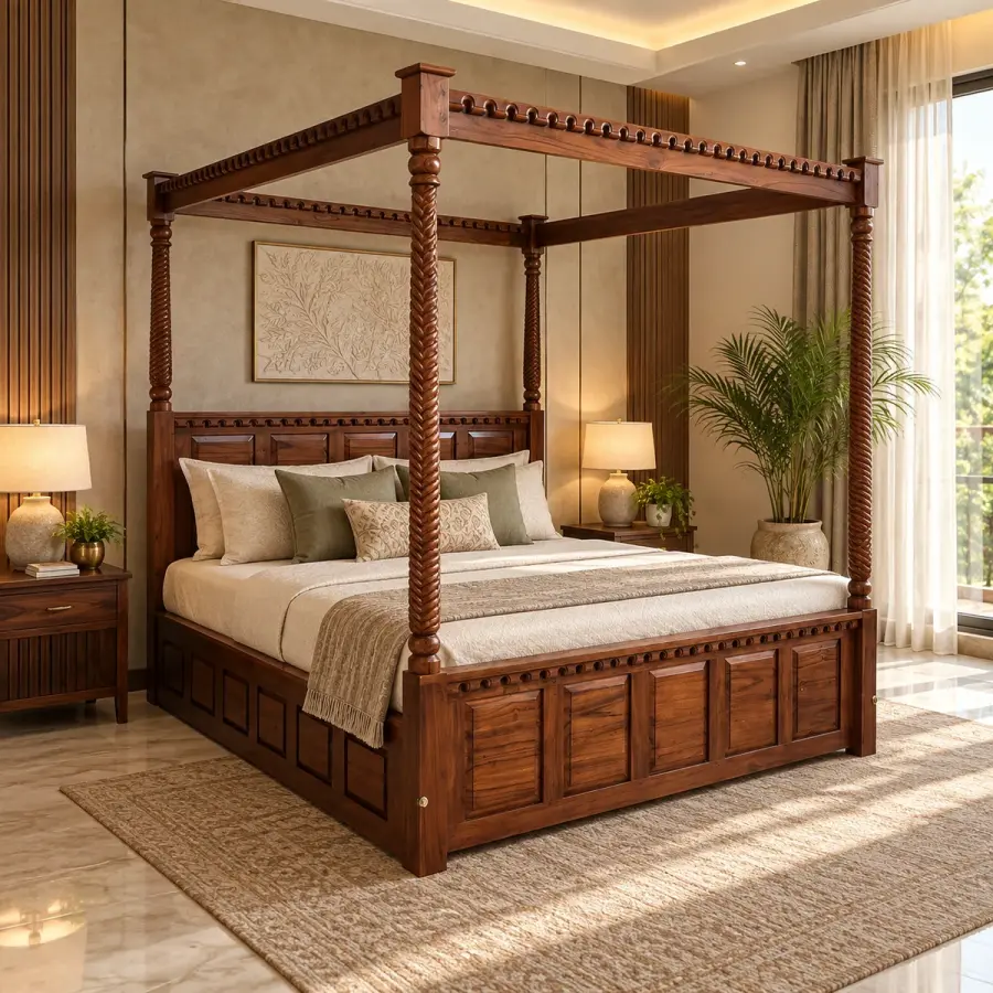 Rope-Twist Canopy Bed – solid teak, Teakwood Factory