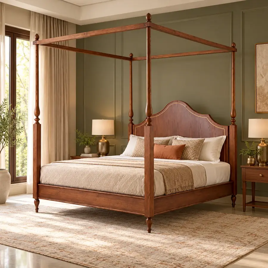 Scalloped Headboard Canopy Bed – solid teak, Teakwood Factory