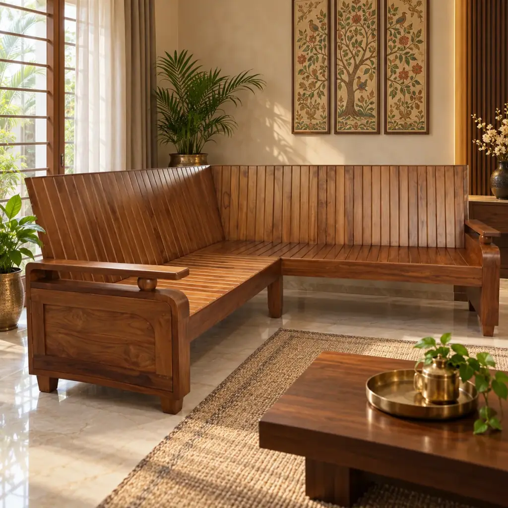 Slatted Teak Corner Bench Sofa — photo 3