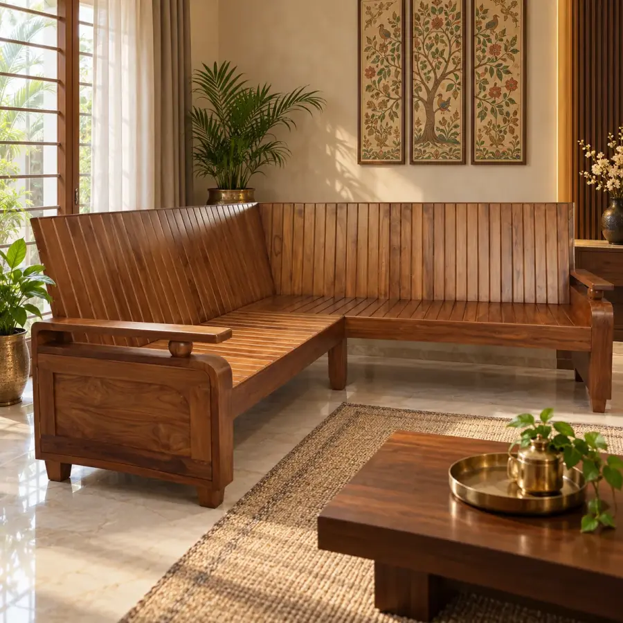 Slatted Teak Corner Bench Sofa – solid teak, Teakwood Factory