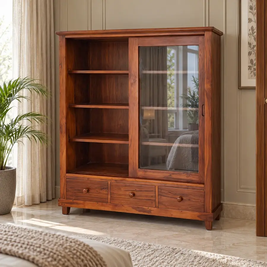 Sliding Glass Almirah – solid teak, Teakwood Factory