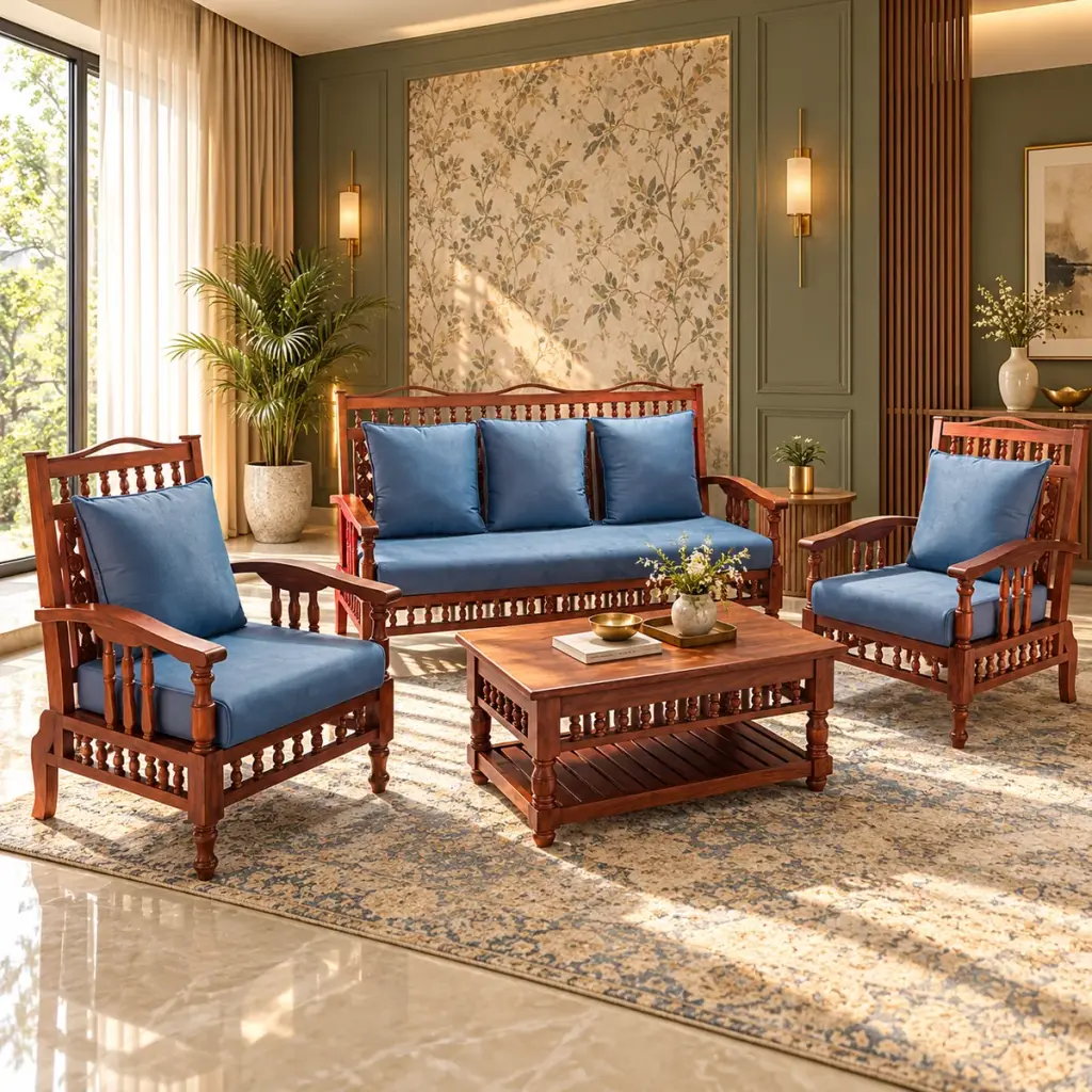 Spindle-Back Blue Sofa Set — photo 3