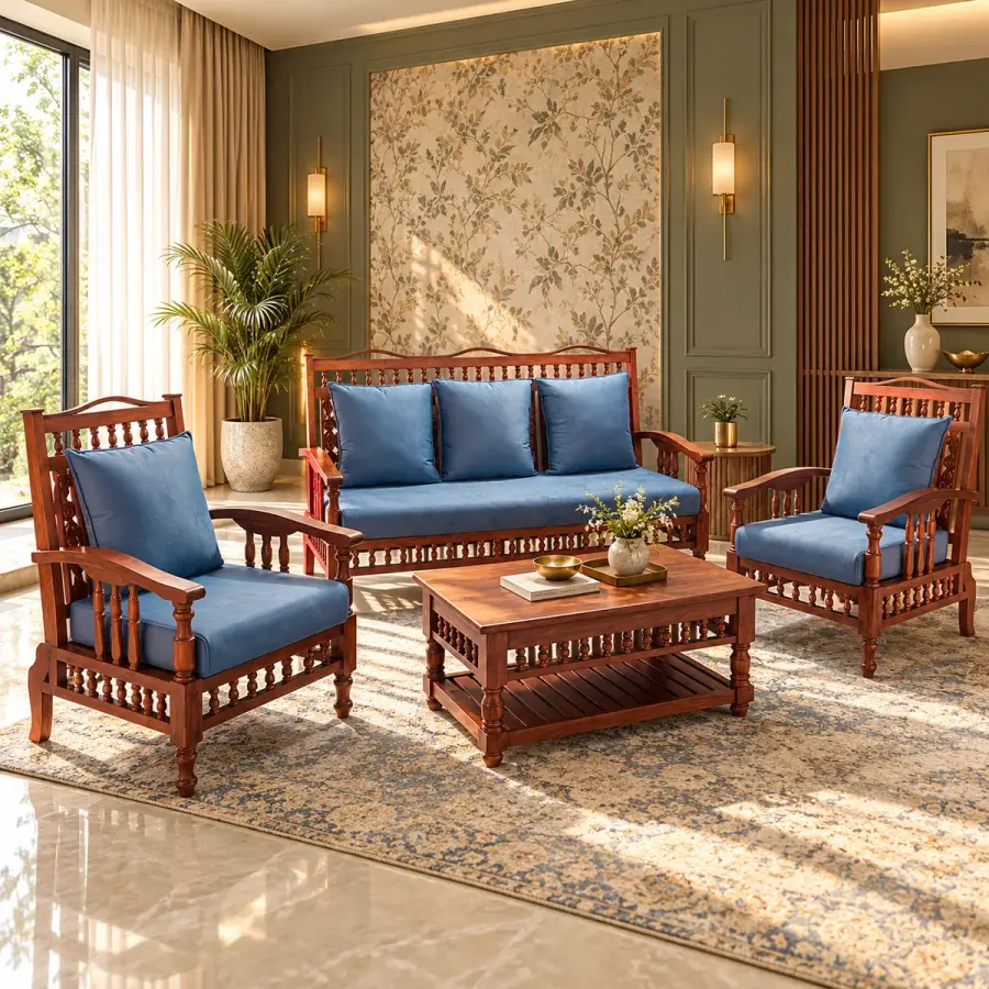 Spindle-Back Blue Sofa Set – solid teak, Teakwood Factory