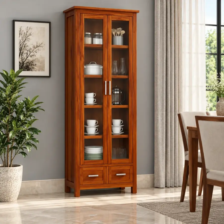 Tall Glass Cabinet with Drawers – solid teak, Teakwood Factory