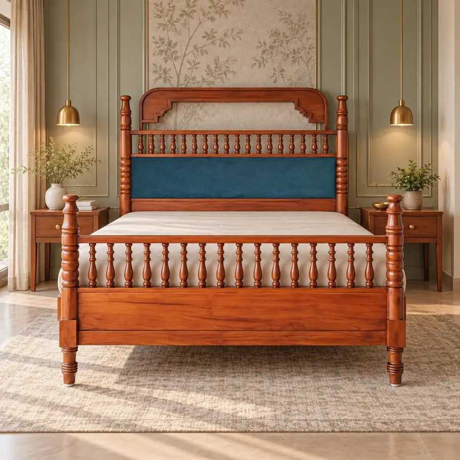 Teal Panel Spindle Bed – solid teak, Teakwood Factory