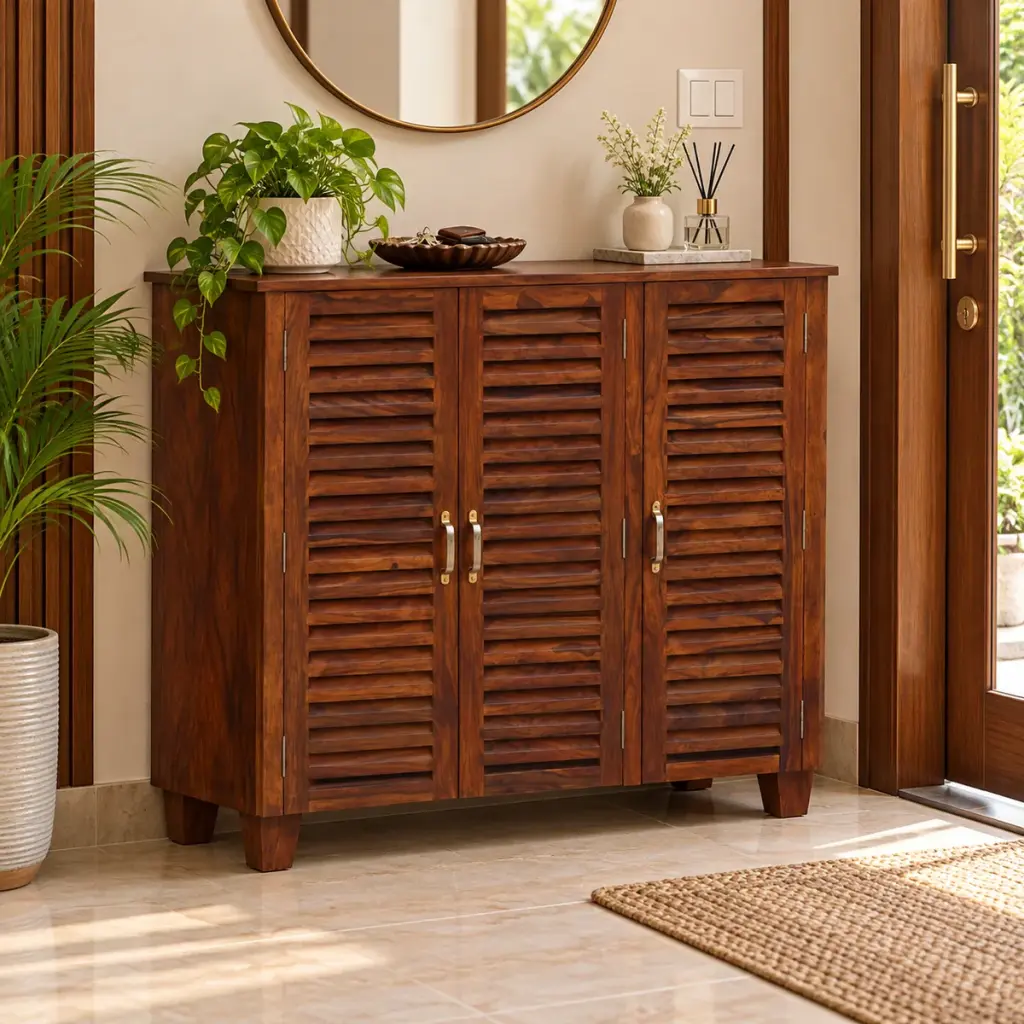 Three-Door Tall Louvred Shoe Cabinet — photo 3