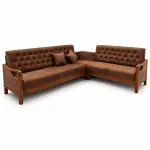Tufted Brown Corner Sofa – solid teak, Teakwood Factory