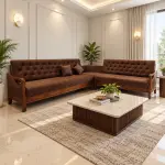Tufted Brown Corner Sofa – solid teak, Teakwood Factory